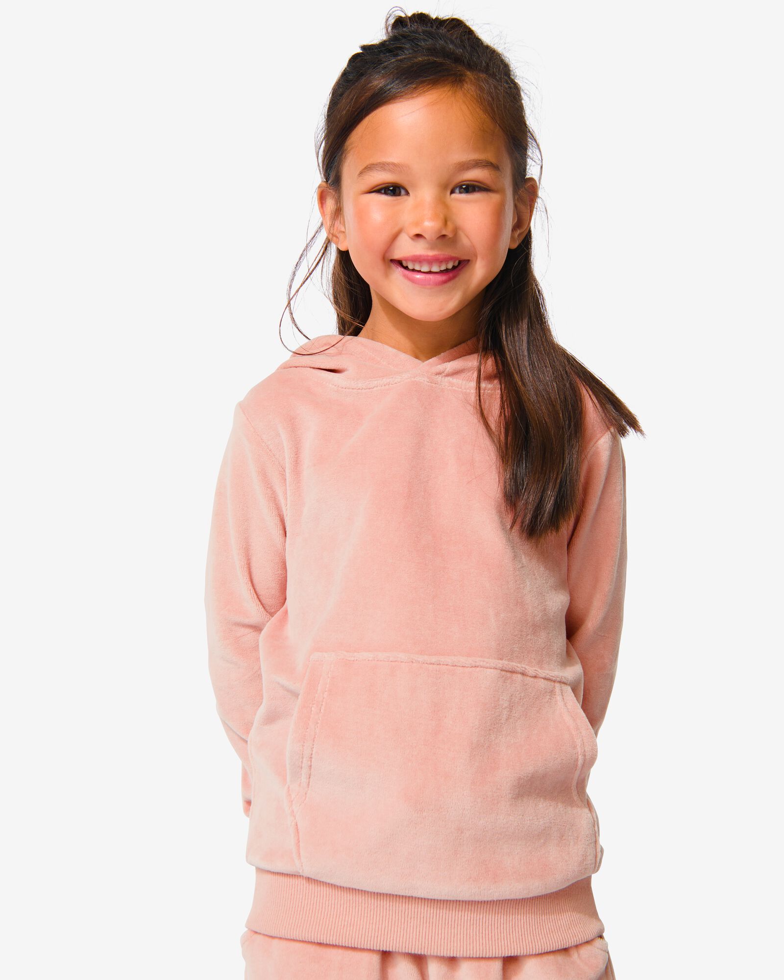 kinder sweater met capuchon velours perzik perzik - 1000032449 - HEMA