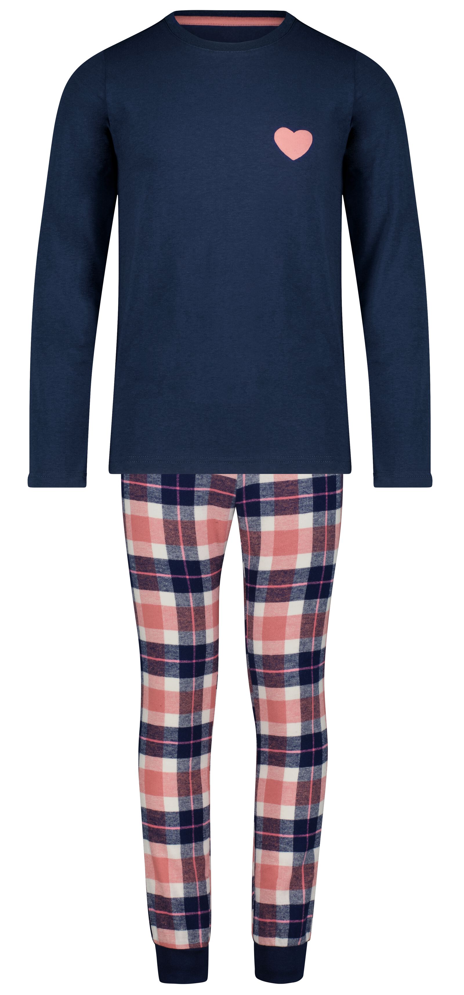 kinder pyjama katoen/flanel met ruiten donkerblauw - 1000028988 - HEMA