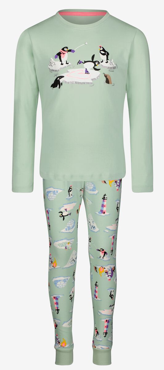directory Samengesteld Beukende kinder pyjama katoen/stretch pinguïn met poppennachtshirt lichtgroen - HEMA