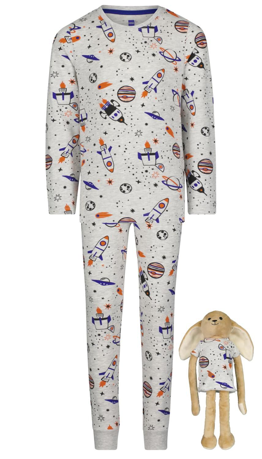 een andere weg Kennis maken kinderpyjama en poppennachtshirt (t/m 122/128) space grijsmelange - HEMA