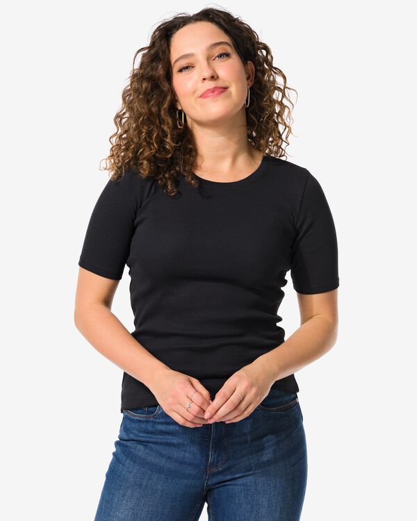 dames t-shirt Clara rib zwart zwart - 36259050BLACK - HEMA