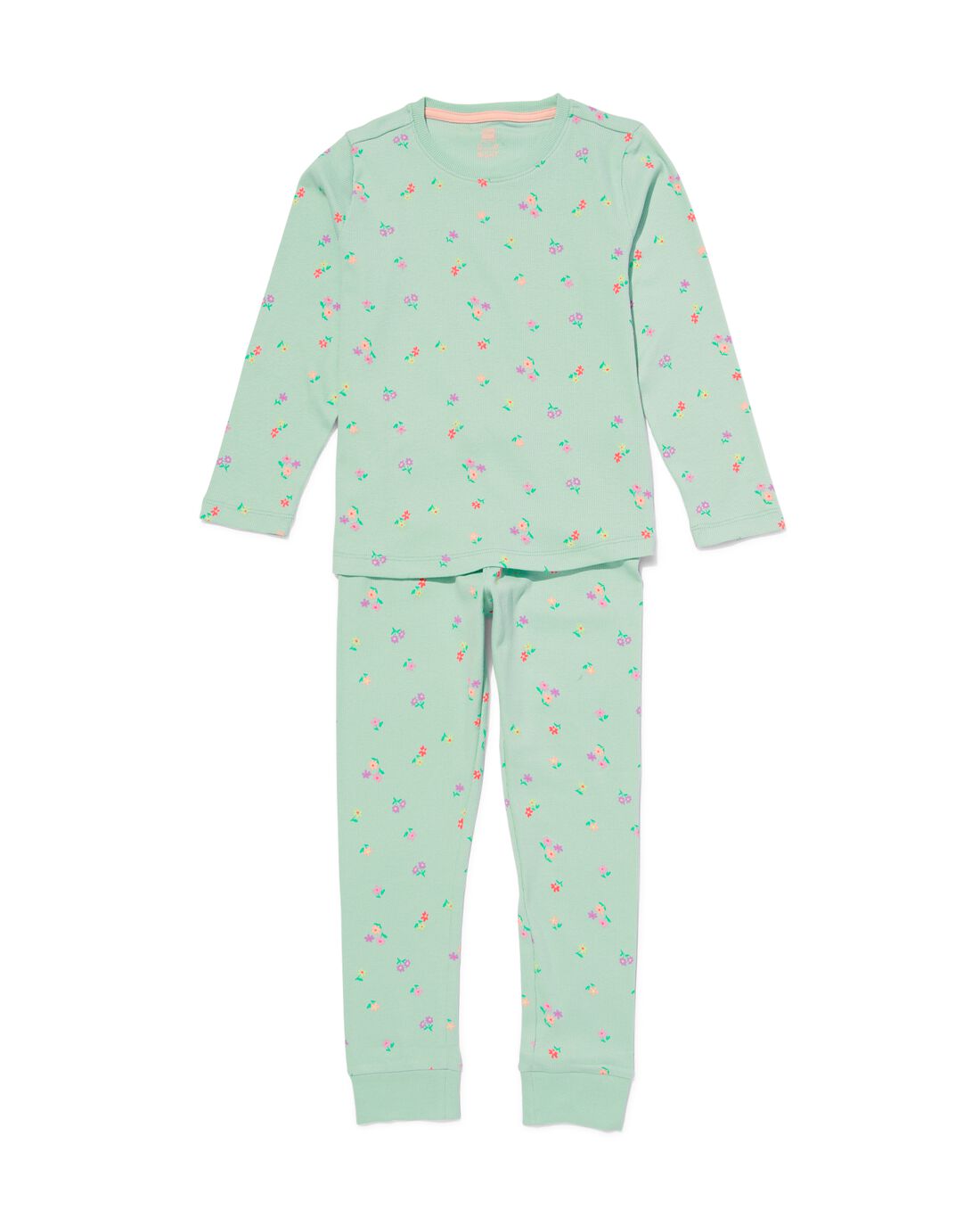 HEMA Kinderpyjama Met Bloemen Rib Katoen stretch Lichtgroen (lichtgroen)