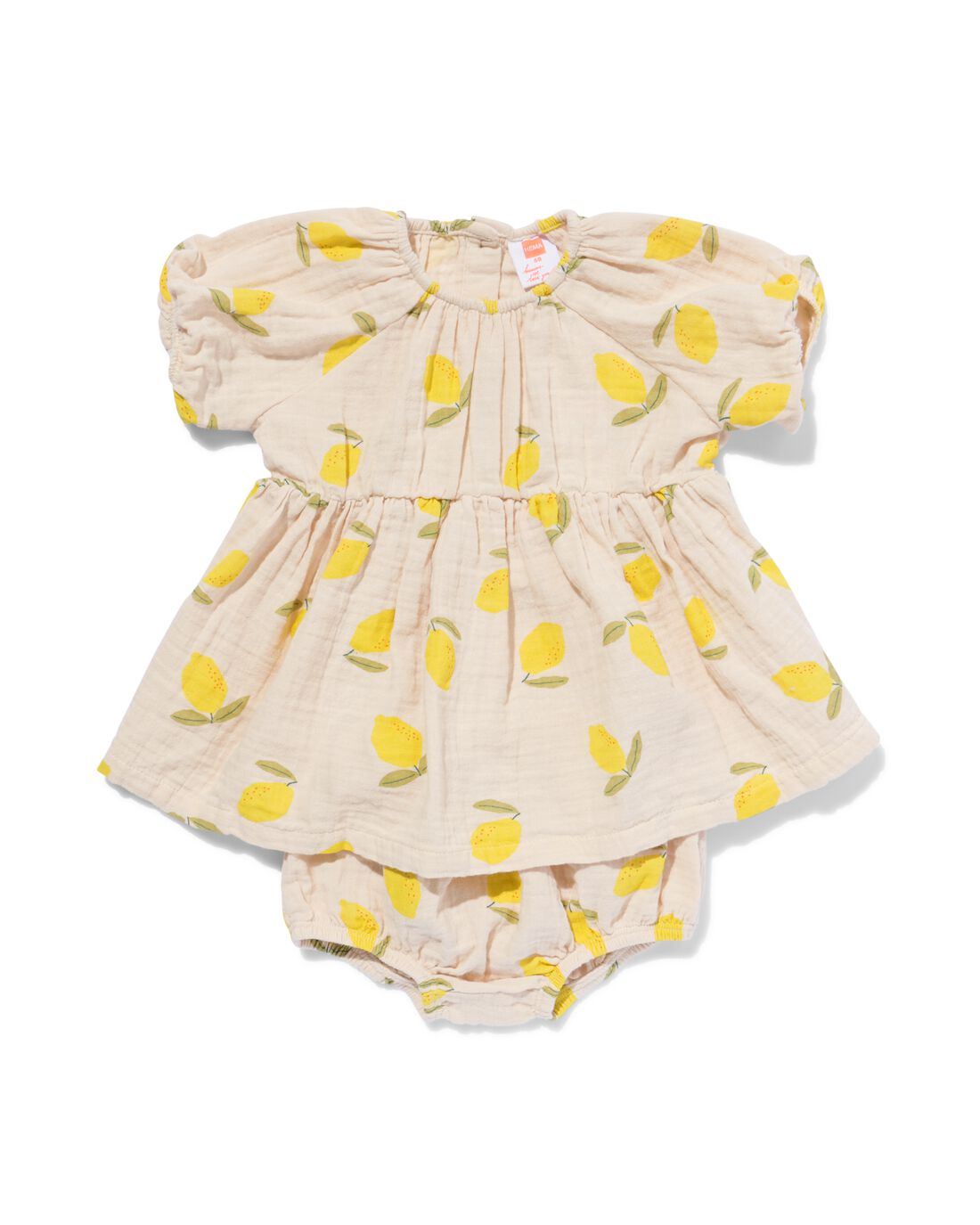 Image of baby kledingset jurk en broekje mousseline citroenen perzik