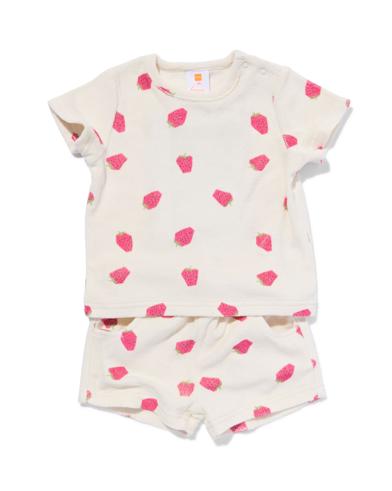 Image of HEMA Baby Kledingset T-shirt En Short Badstof Aardbeien Ecru (ecru)
