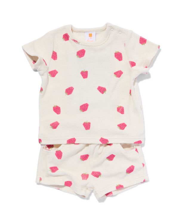 baby kledingset t-shirt en short badstof aardbeien ecru ecru - 33048450ECRU - HEMA