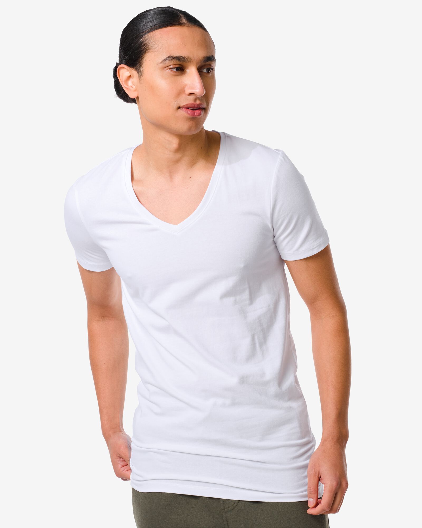 Image of HEMA Heren T-shirt Slim Fit Diepe V-hals Extra Lang Wit (wit)