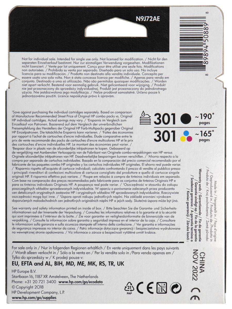Verscheidenheid Portugees influenza cartridge HP 301 zwart/kleur - 2 stuks - HEMA