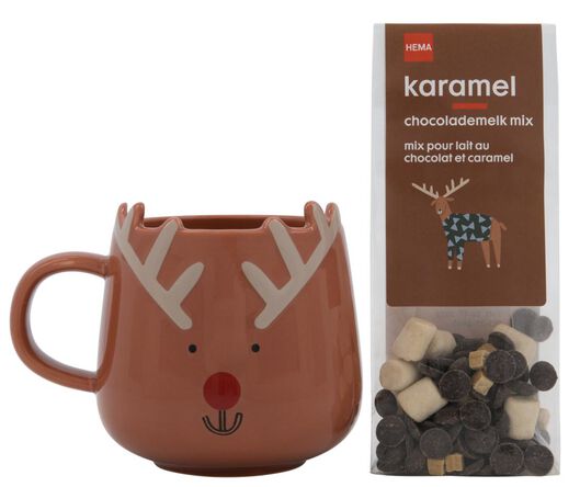 chocolademelk mix karamel met mok rendier 50gram - 10050303 - HEMA