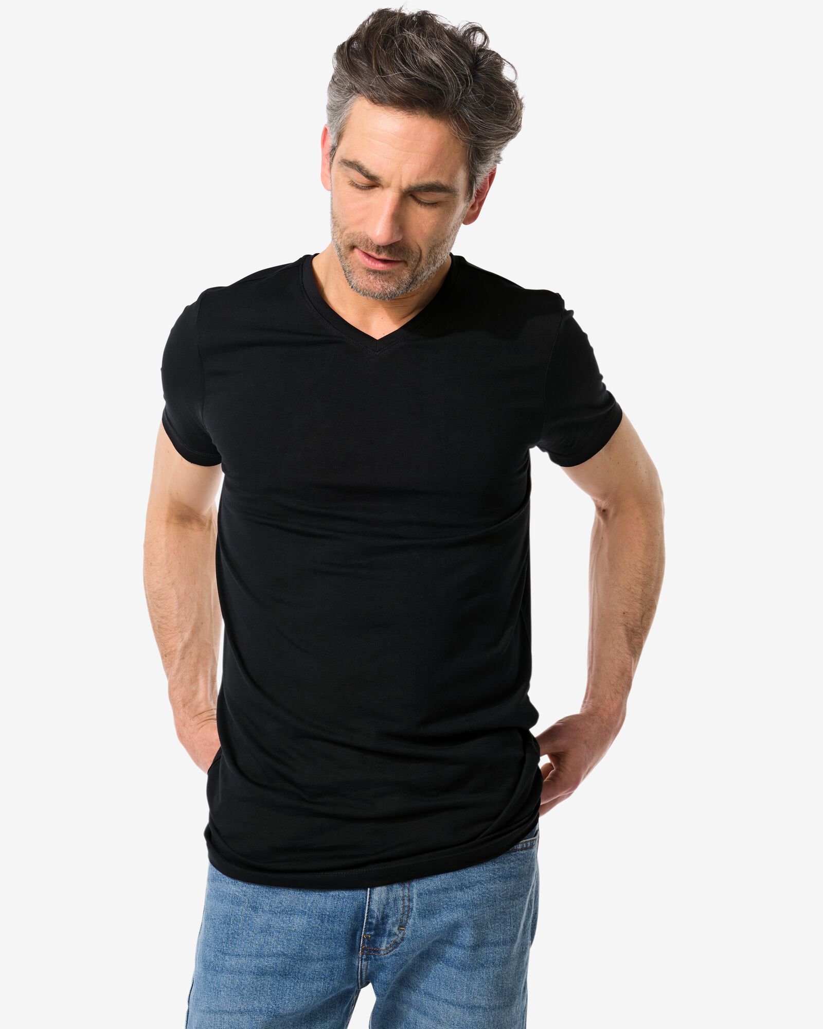 Image of HEMA Heren T-shirt Slim Fit V-hals Extra Lang Zwart (zwart)