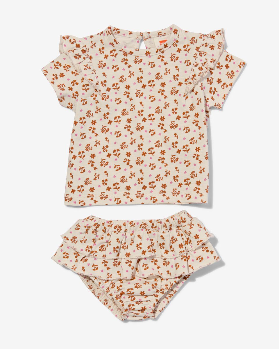 newborn kledingset shirt en broekrok katoen bloemen ecru ecru - 1000030940 - HEMA