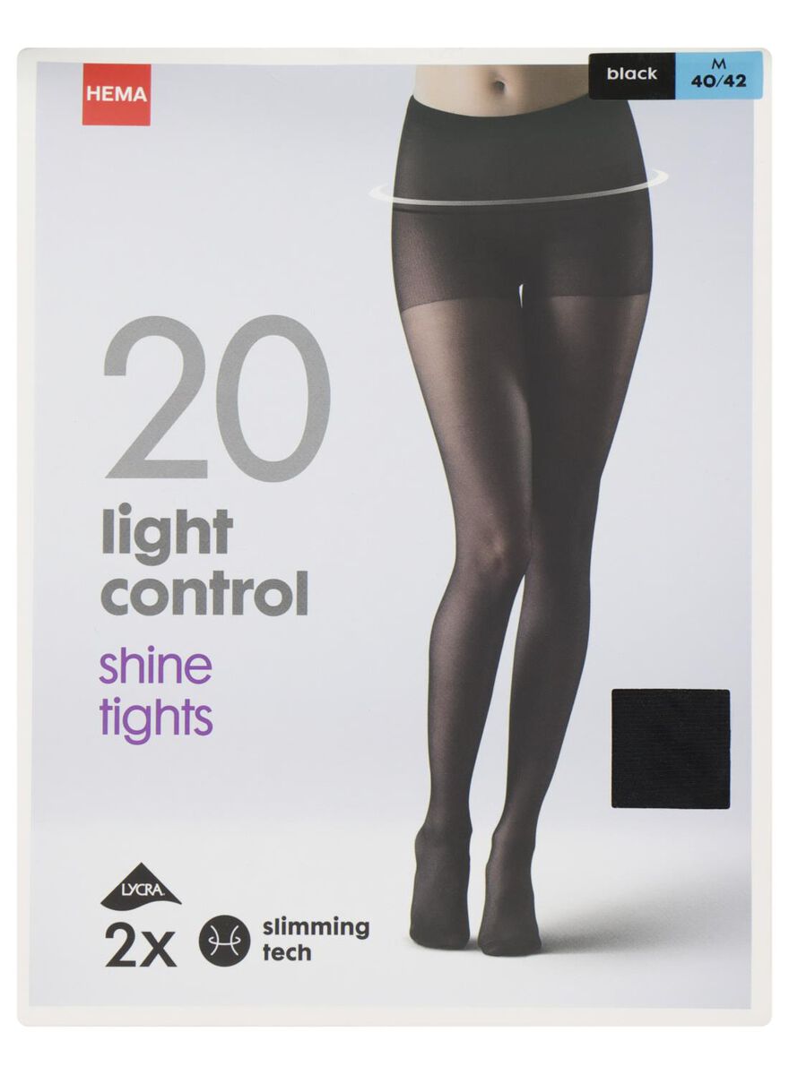2-pak panty light control shine 20 denier zwart 48/52 - 4042304 - HEMA