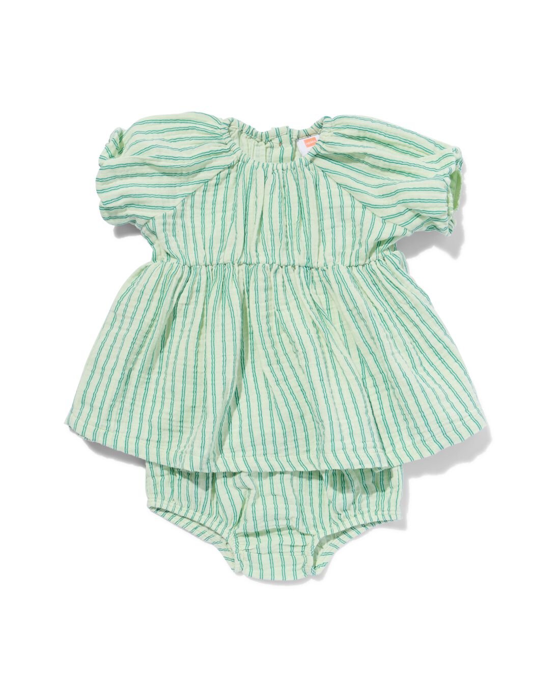 Image of baby kledingset jurk en broekje mousseline strepen groen