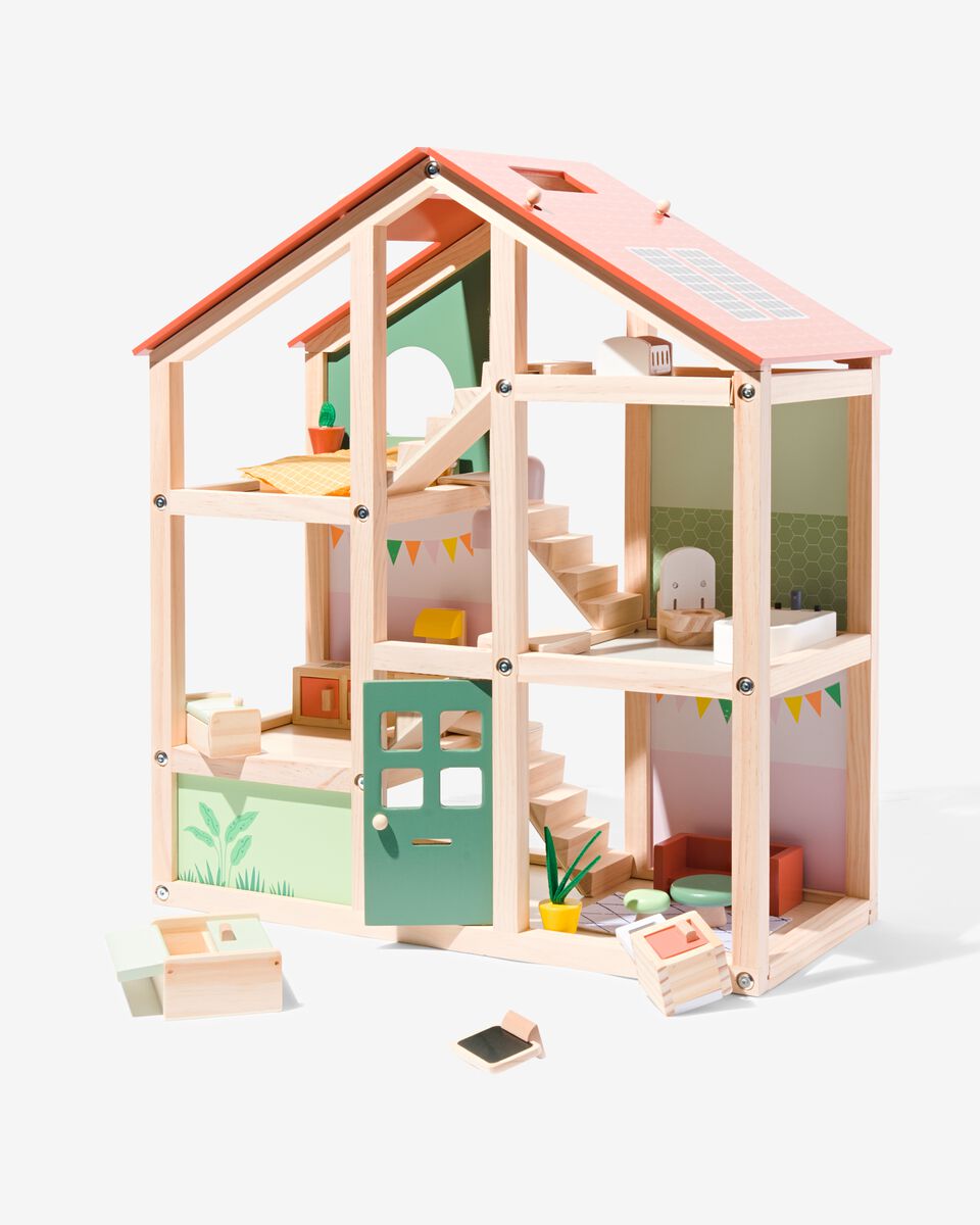 Gemarkeerd Nutteloos tegel houten poppenhuis met meubels 52x24x61.5 - HEMA