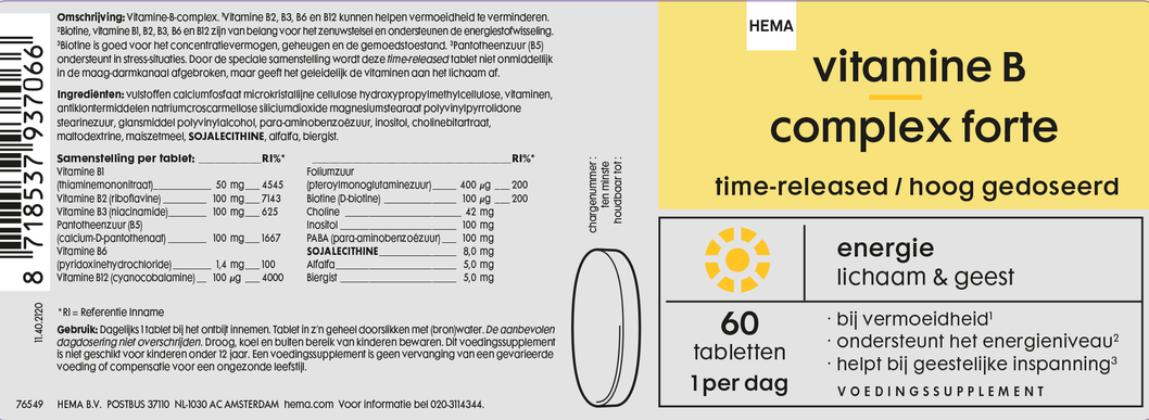 vitamine B complex forte - 60 stuks - 11402120 - HEMA