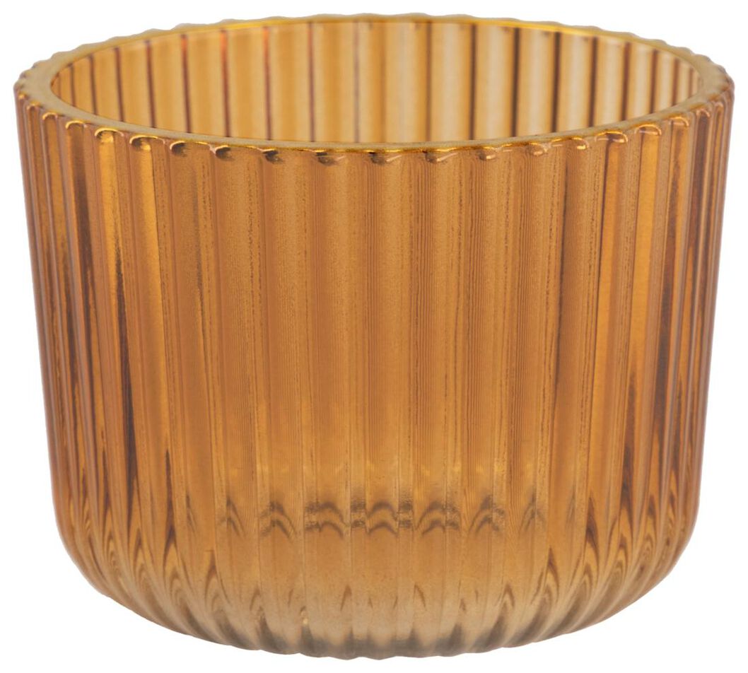 sfeerlichthouder glas met ribbels Ø7x5.5 bruin - 13322057 - HEMA
