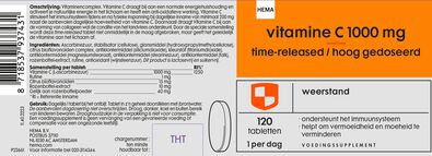 vitamine C 1000mg time released en hoog gedoseerd - 120 stuks - 11402223 - HEMA