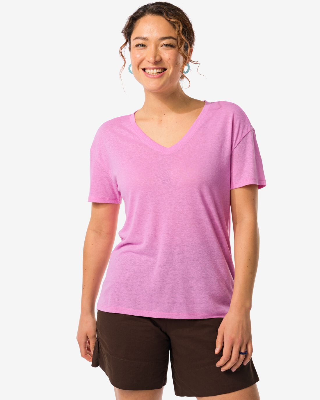 HEMA Dames T-shirt Evie Met Linnen Roze (roze)