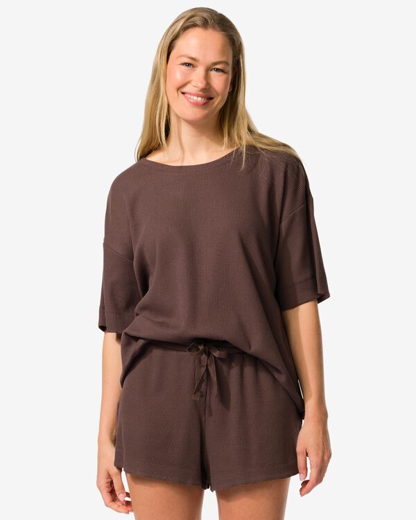 damespyjama shirt wafelkatoen  bruin bruin - 23410476BROWN - HEMA