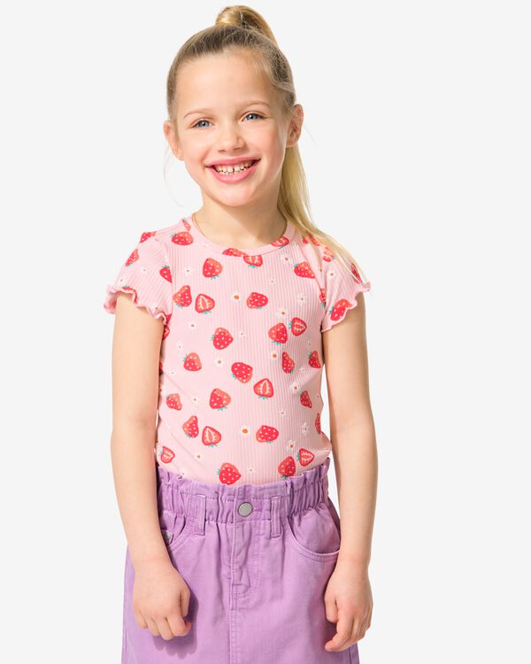 kinder T-shirt rib aardbei roze roze - 30817853PINK - HEMA