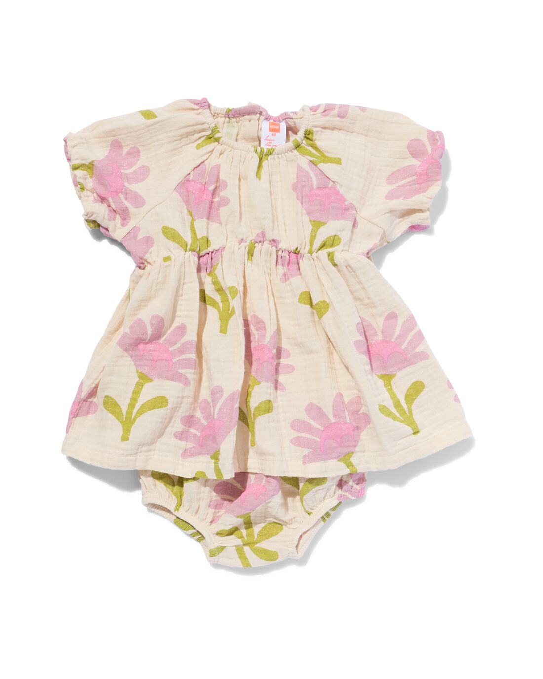 Image of baby kledingset tuniek en short mousseline bloemen ecru