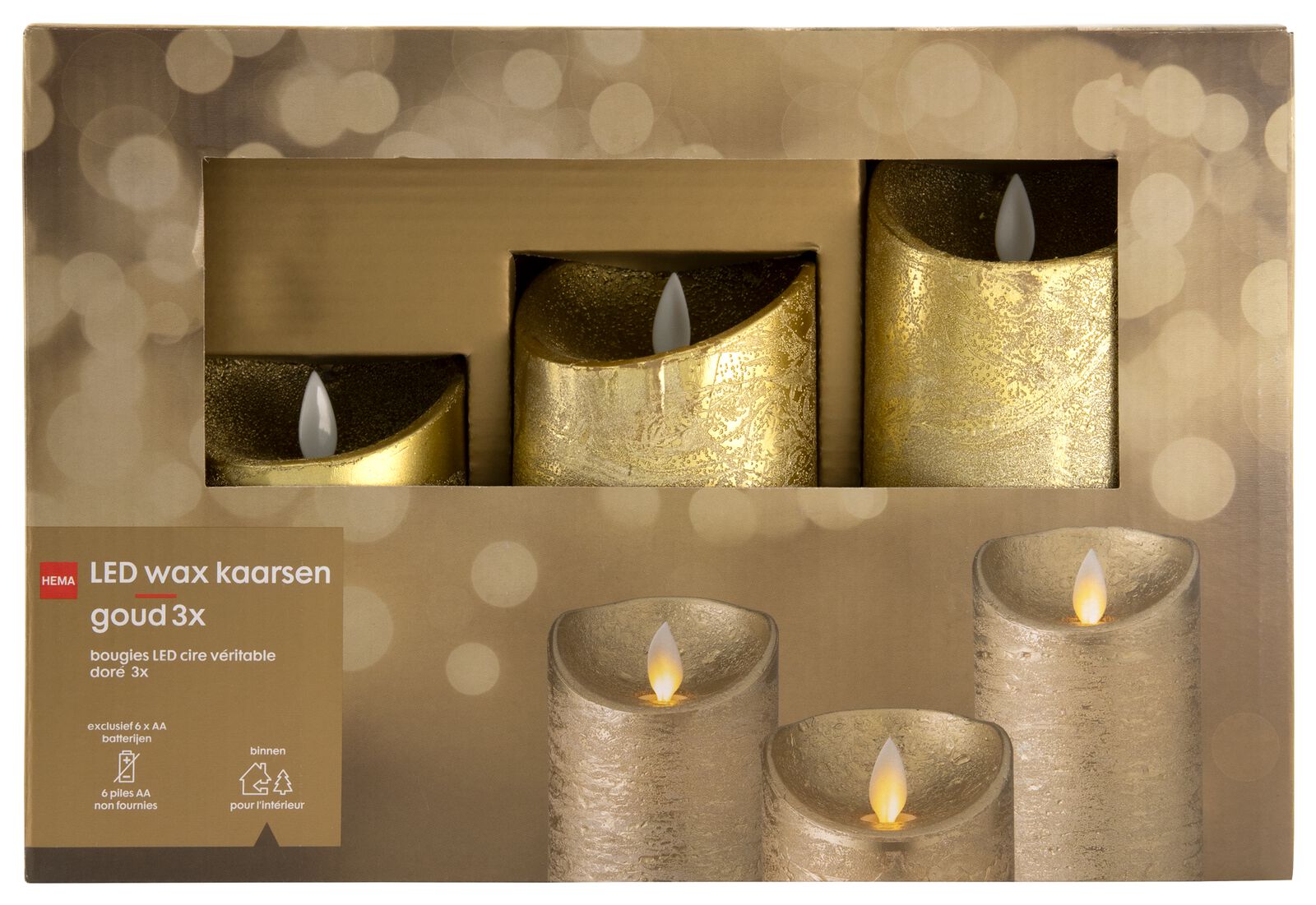 LED wax kaarsen Ø7.5 goud - 3 stuks - 25590085 - HEMA