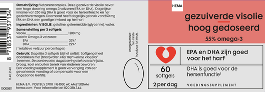 gezuiverde visolie hoog gedoseerd 55% omega-3 - 60 stuks - 11402140 - HEMA