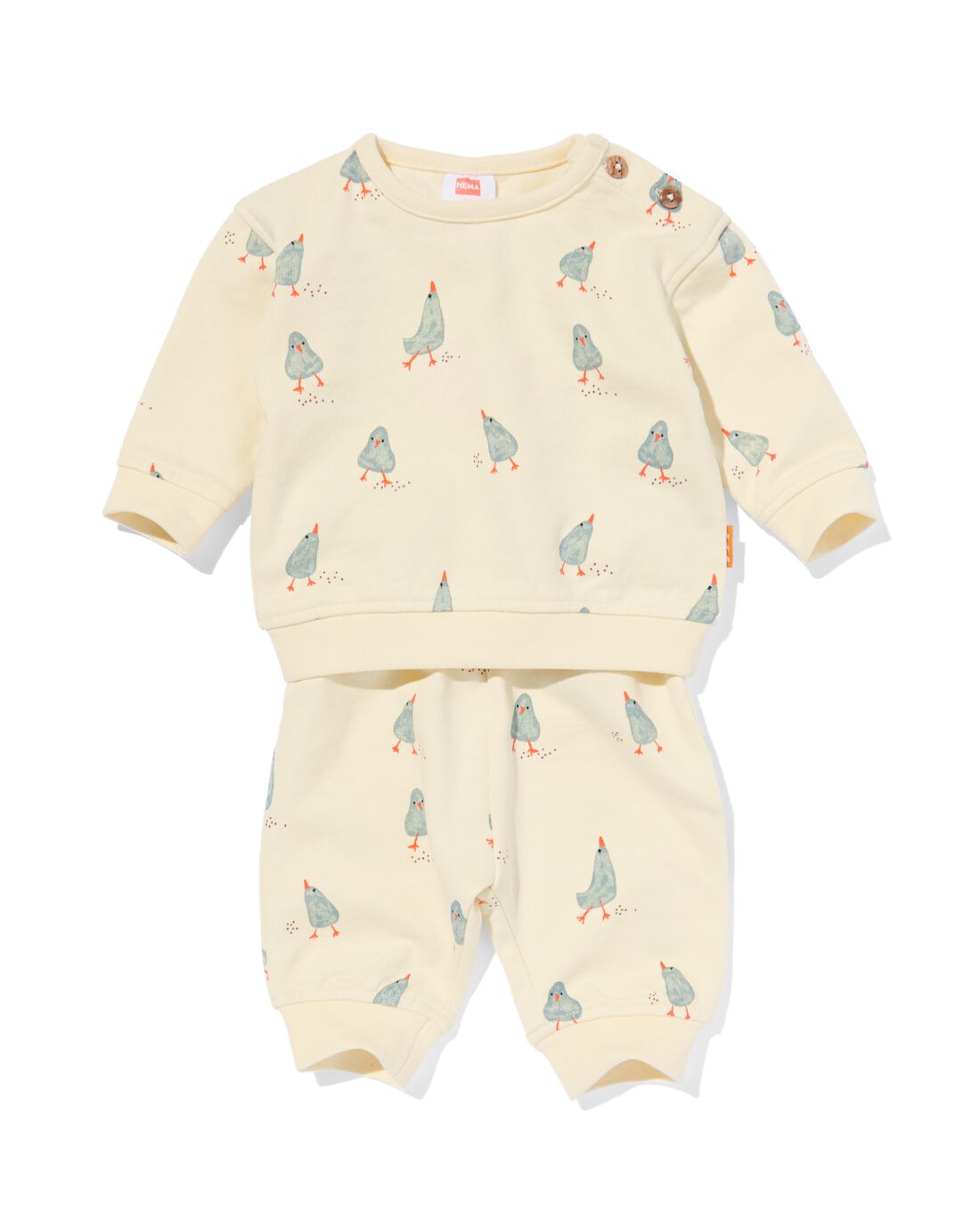 newborn kledingset sweater en broek eendjes lichtgeel