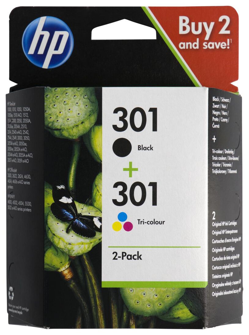 cartridge HP 301 zwart/kleur - 2 stuks - 38300101 - HEMA