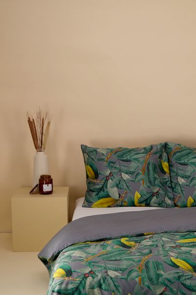 Pamflet bedelaar Split dekbedovertrek - hotel katoen satijn - tropische bladeren grijs - HEMA