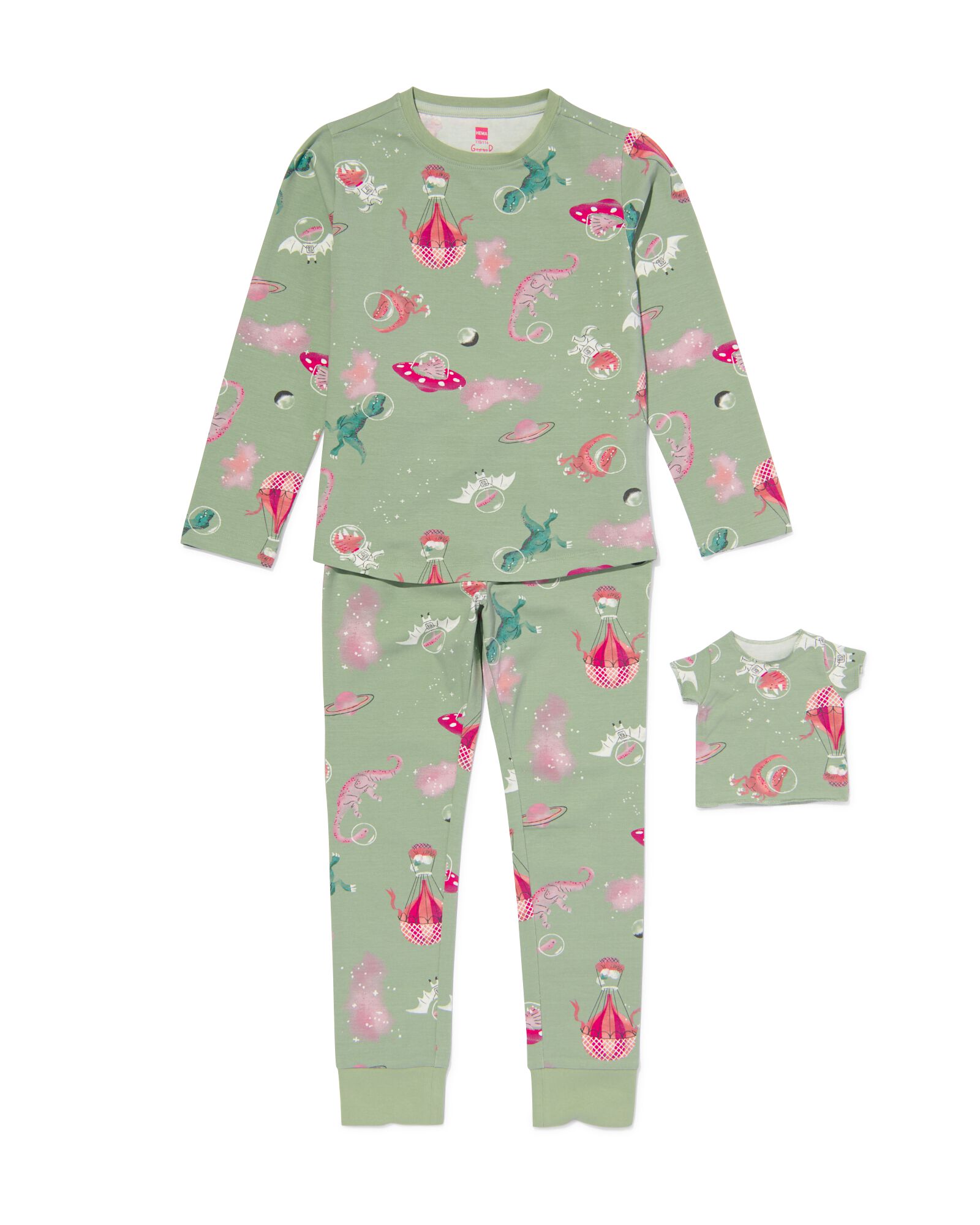 kinder pyjama dino met poppennachtshirt lichtgroen lichtgroen - 23070680LIGHTGREEN - HEMA
