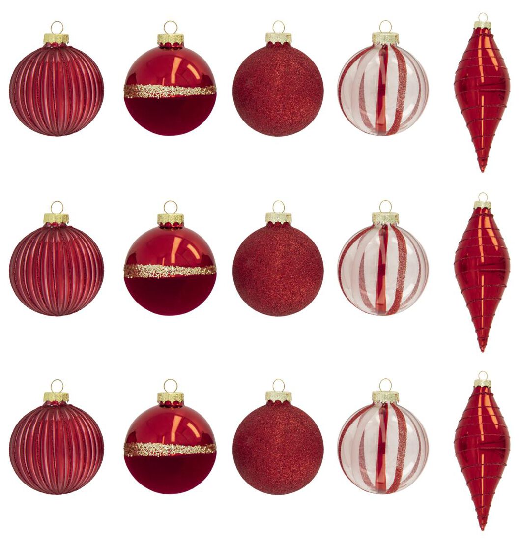 glazen kerstballen set rood - 15 stuks - 25130010 - HEMA