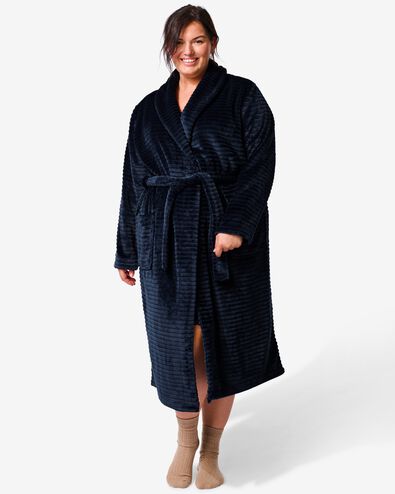 dames badjas lang fleece donkerblauw S/M - 23410005 - HEMA