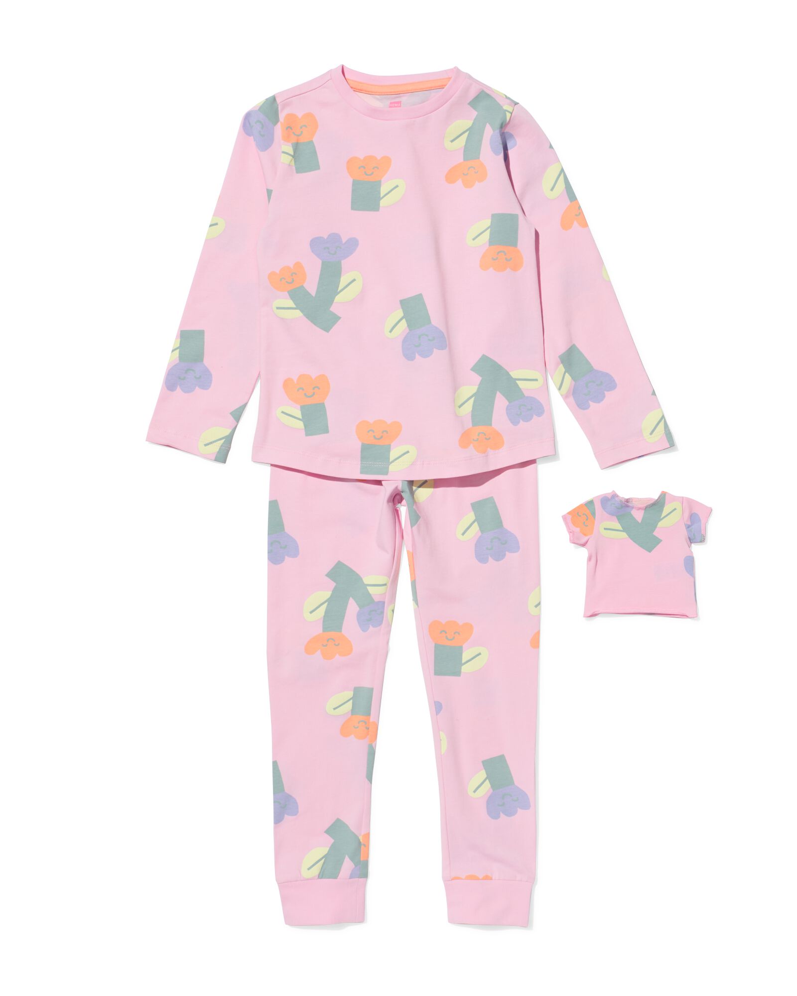 kinderpyjama bloem + poppenpyjama roze 98/104 - 23070981 - HEMA