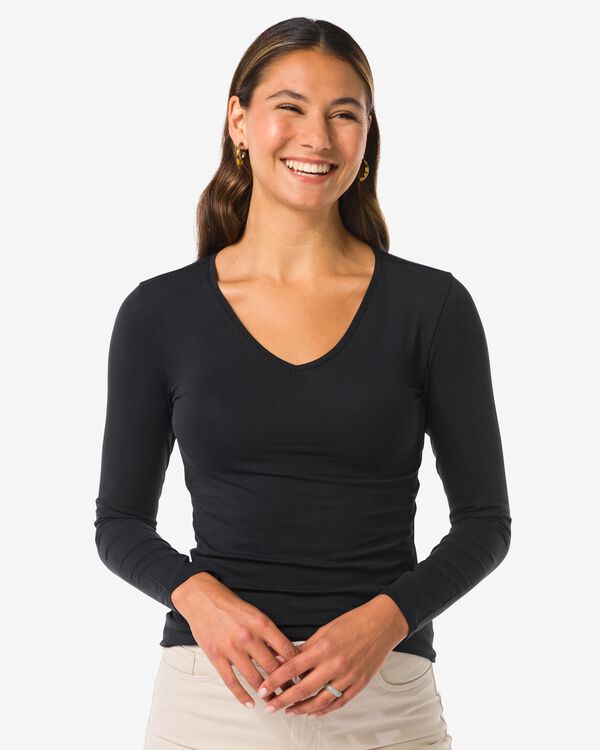 dames T-shirt basic v-hals zwart zwart - 1000010400 - HEMA