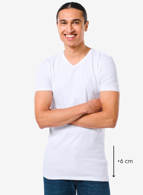 heren t-shirt slim fit v-hals extra lang wit wit - 1000009579 - HEMA