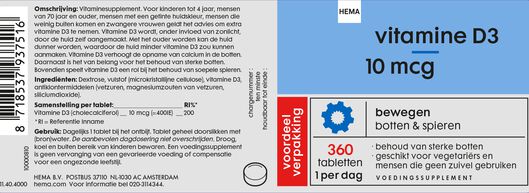 vitamine D3 10mcg - 360 stuks - 11404000 - HEMA