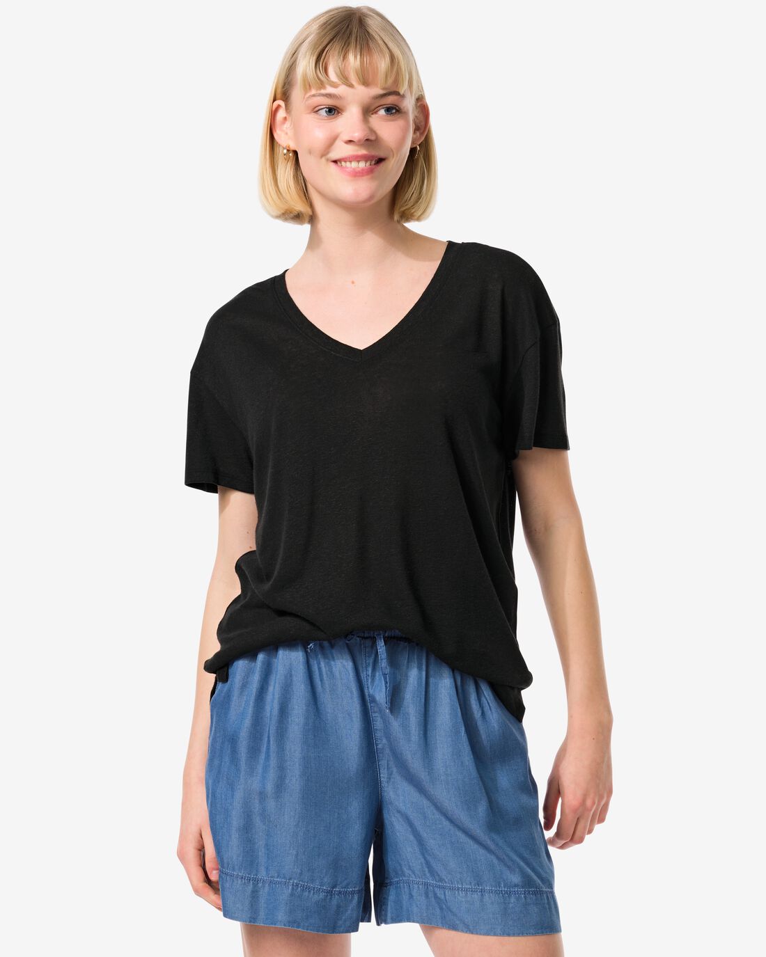 HEMA Dames T-shirt Evie Met Linnen Zwart (zwart)