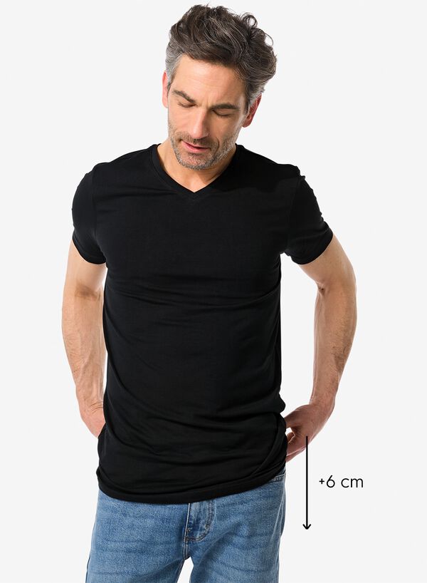 heren t-shirt slim fit v-hals extra lang zwart zwart - 1000009853 - HEMA