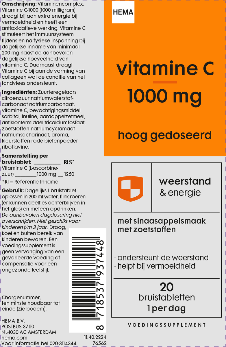 vitamine C 1000mg hoog gedoseerd bruistablet - 20 stuks - 11402224 - HEMA