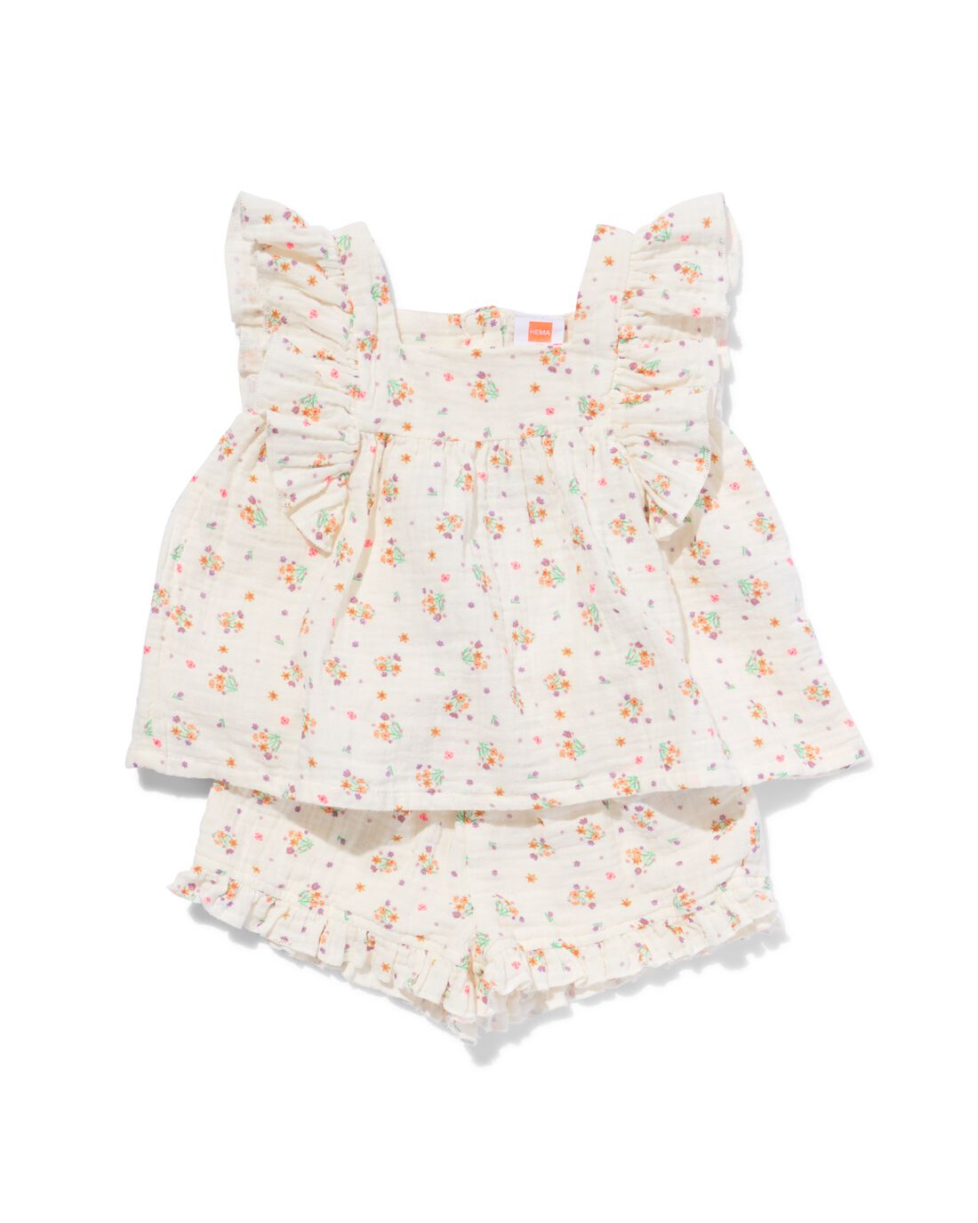 Image of baby kledingset tuniek en short mousseline bloemen gebroken wit