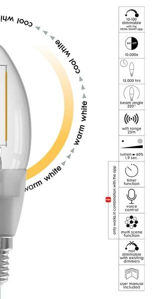 smart LED lamp kaars E14 - 4.5W - 450 lm - helder - 20000026 - HEMA