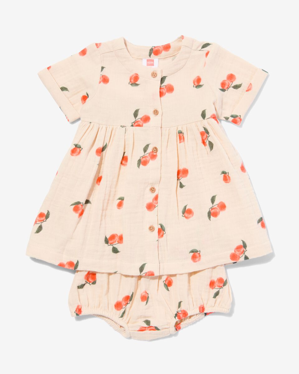 baby kledingset jurk en broekje mousseline perzik ecru ecru - 1000030969 - HEMA