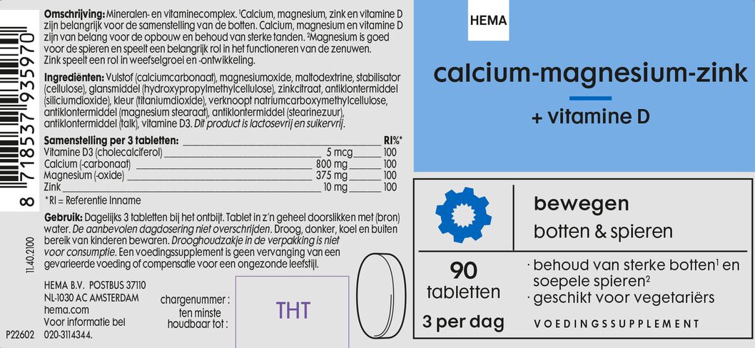 calcium-magnesium-zink + vitamine D - 90 stuks - 11402100 - HEMA