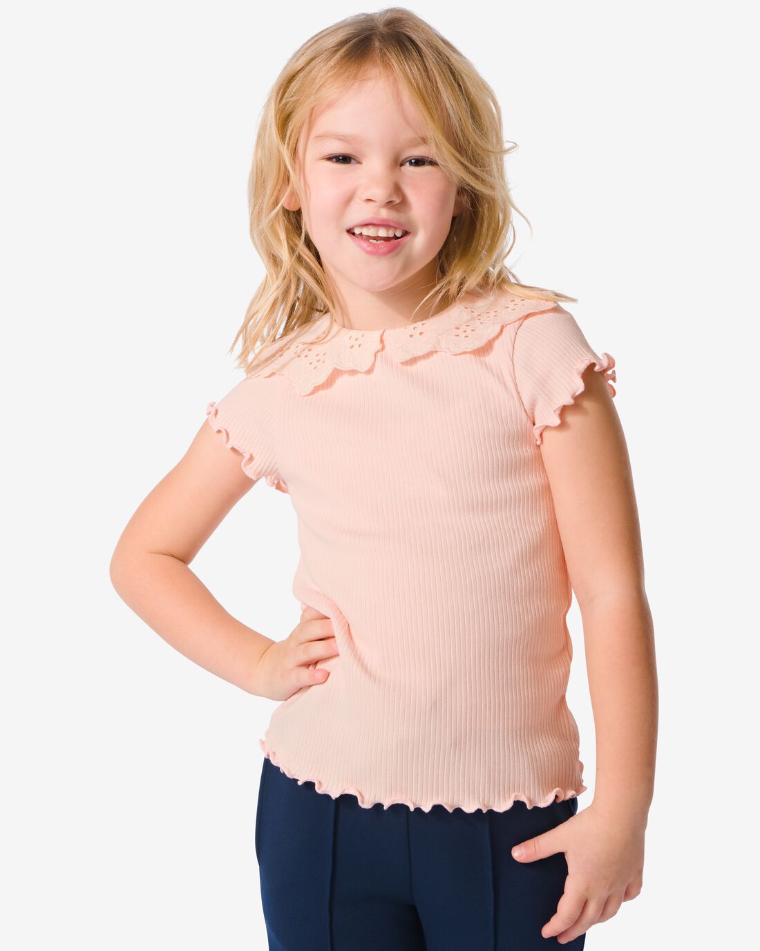 HEMA Kinder T-shirt Met Ajour Kraag Lichtroze (lichtroze)