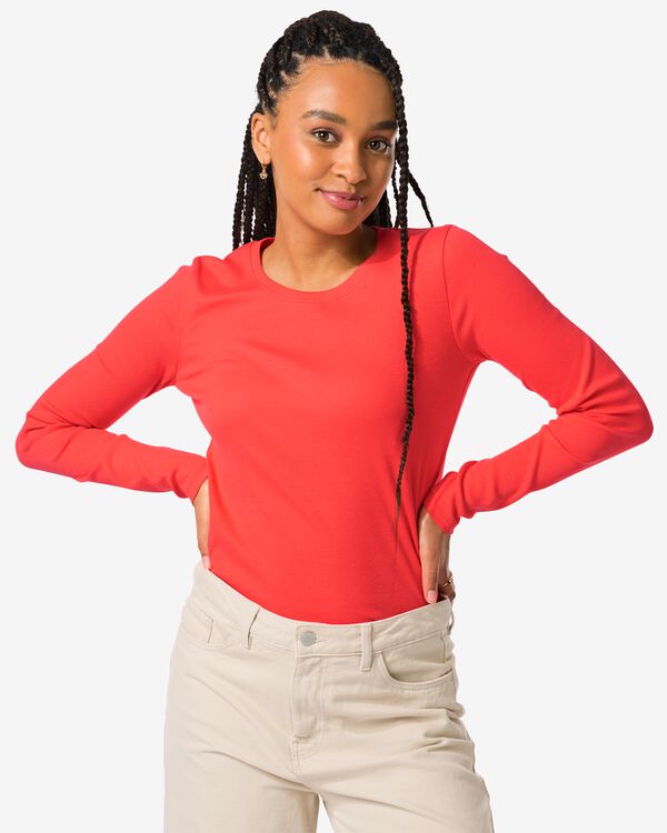 dames t-shirt Clara rib koraal koraal - 36255420CORAL - HEMA