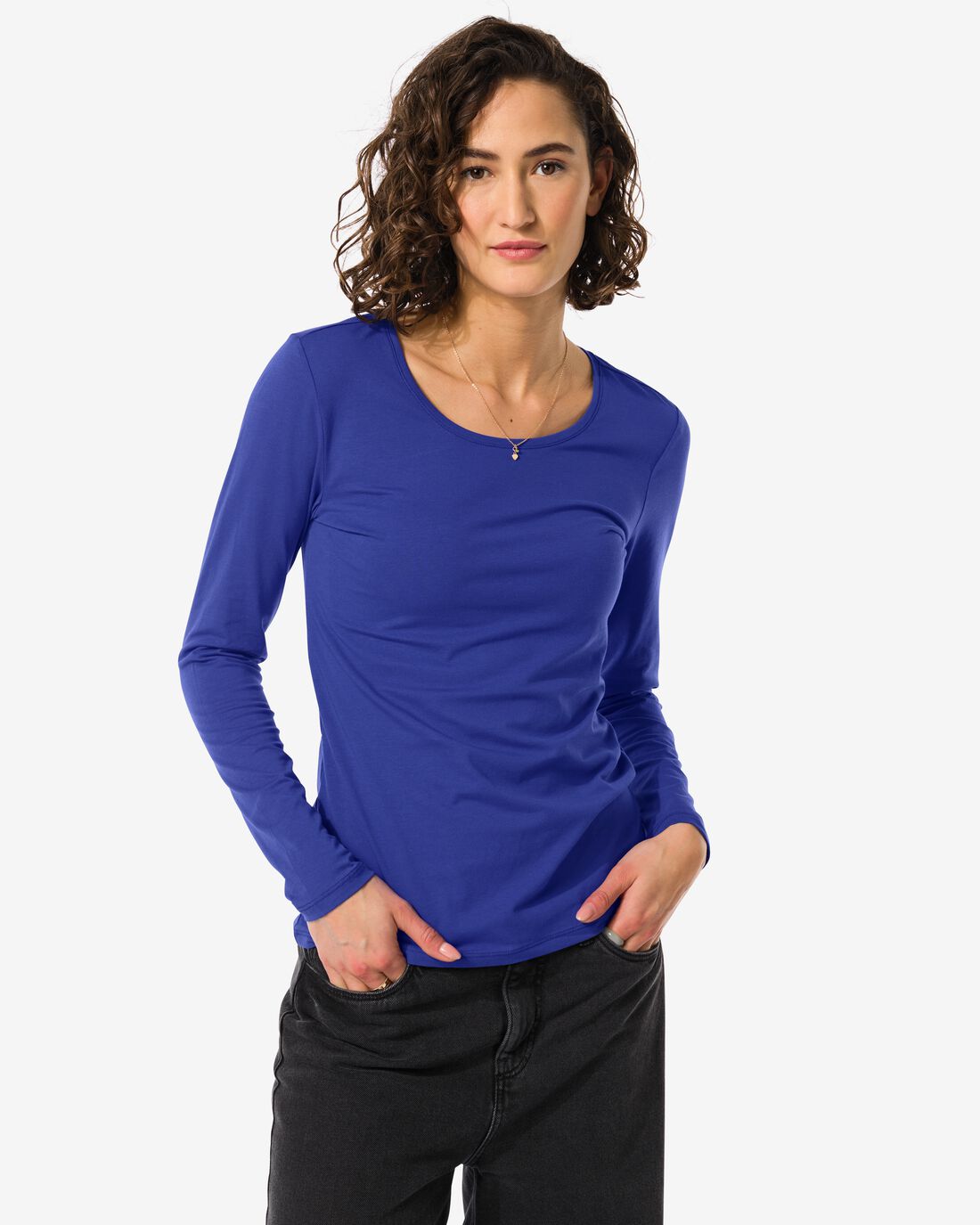 HEMA Dames T-shirt O-hals Lange Mouw Blauw (blauw)