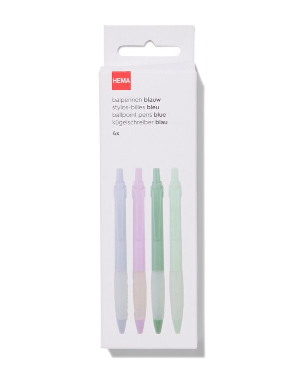 balpennen blauw met rubber - 4 stuks - 14400423 - HEMA